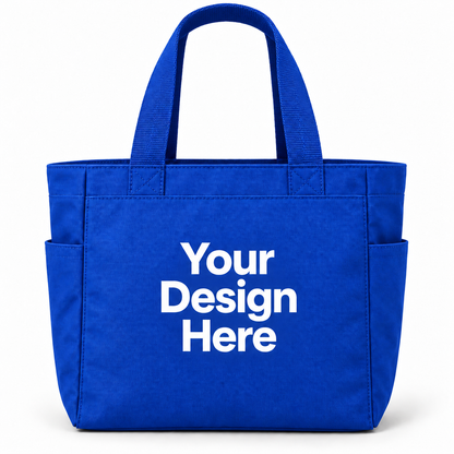 Custom essential tote bag in Royal with Your Design Here centered on the front