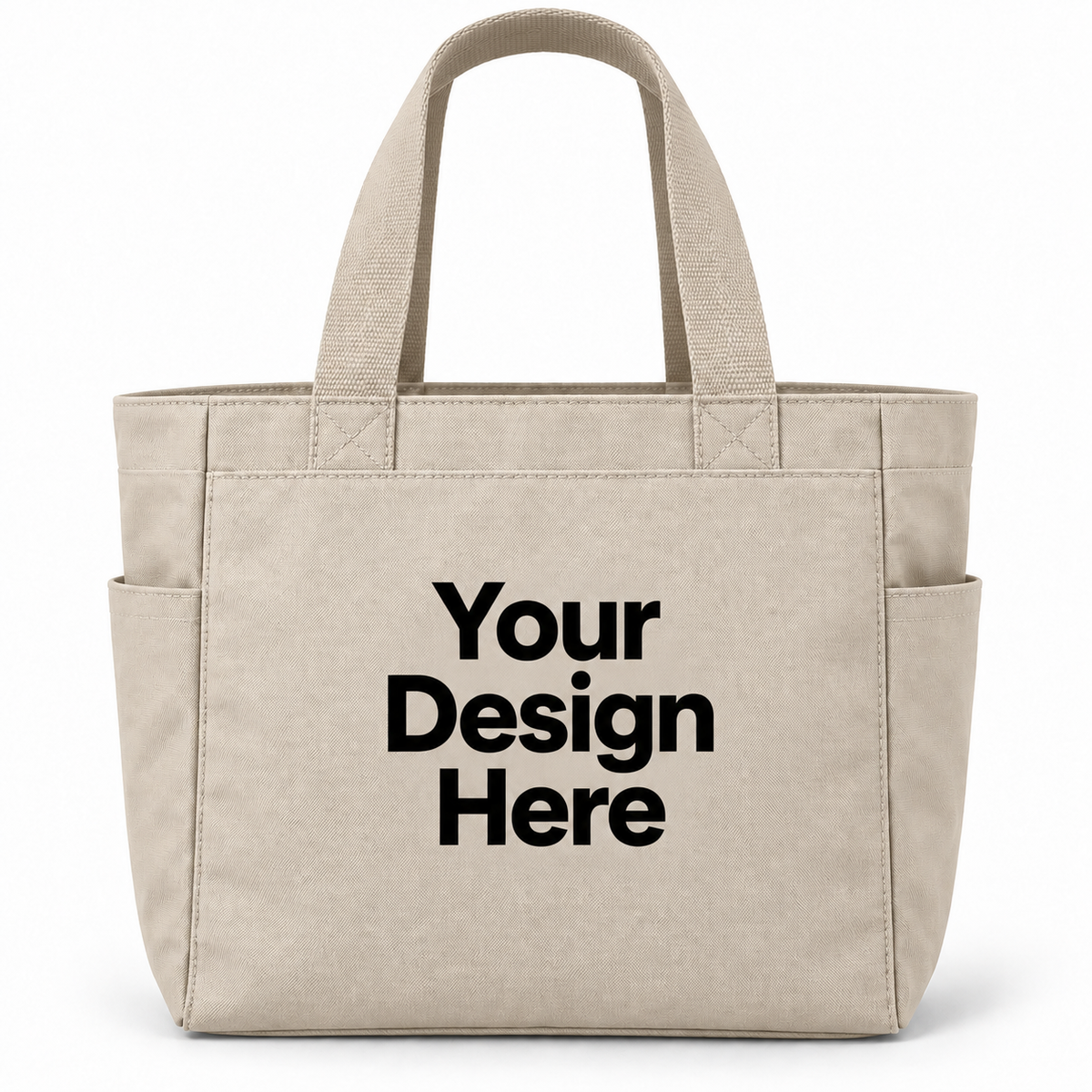 Custom essential tote bag in Stone with Your Design Here centered on the front