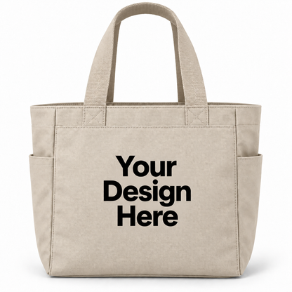 Custom essential tote bag in Stone with Your Design Here centered on the front