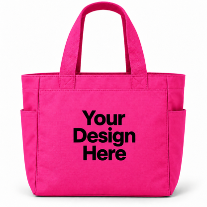 Custom essential tote bag in Tropical Pink with Your Design Here centered on the front