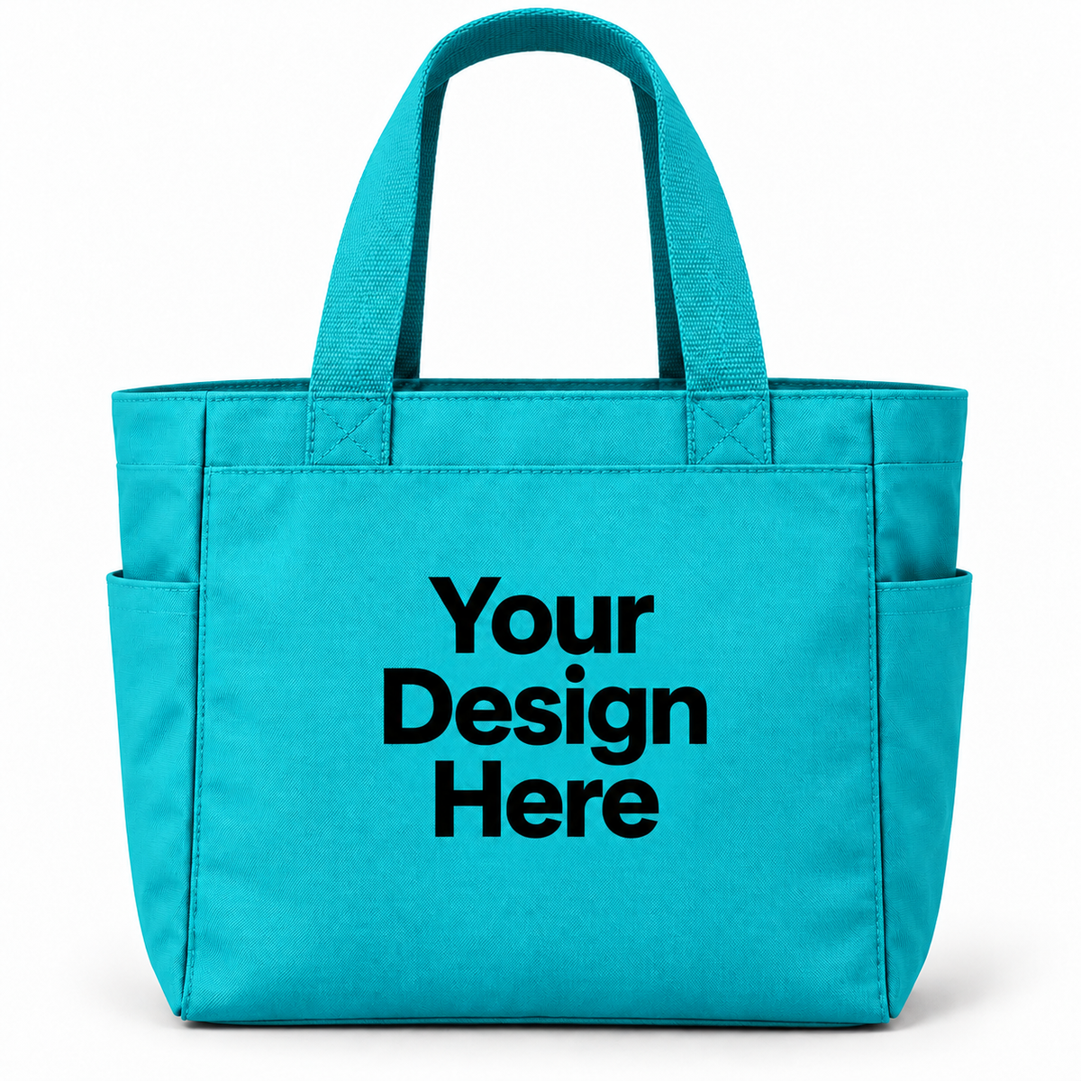 Custom essential tote bag in Turquoise with Your Design Here centered on the front