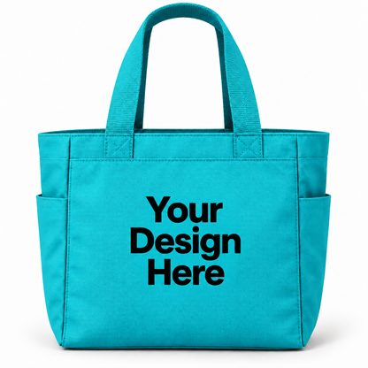 Custom essential tote bag in Turquoise with Your Design Here centered on the front