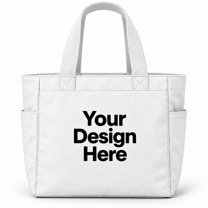 Custom essential tote bag in White with Your Design Here centered on the front