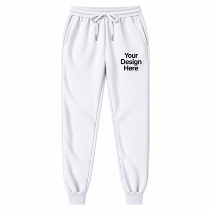White custom fleece joggers with logo