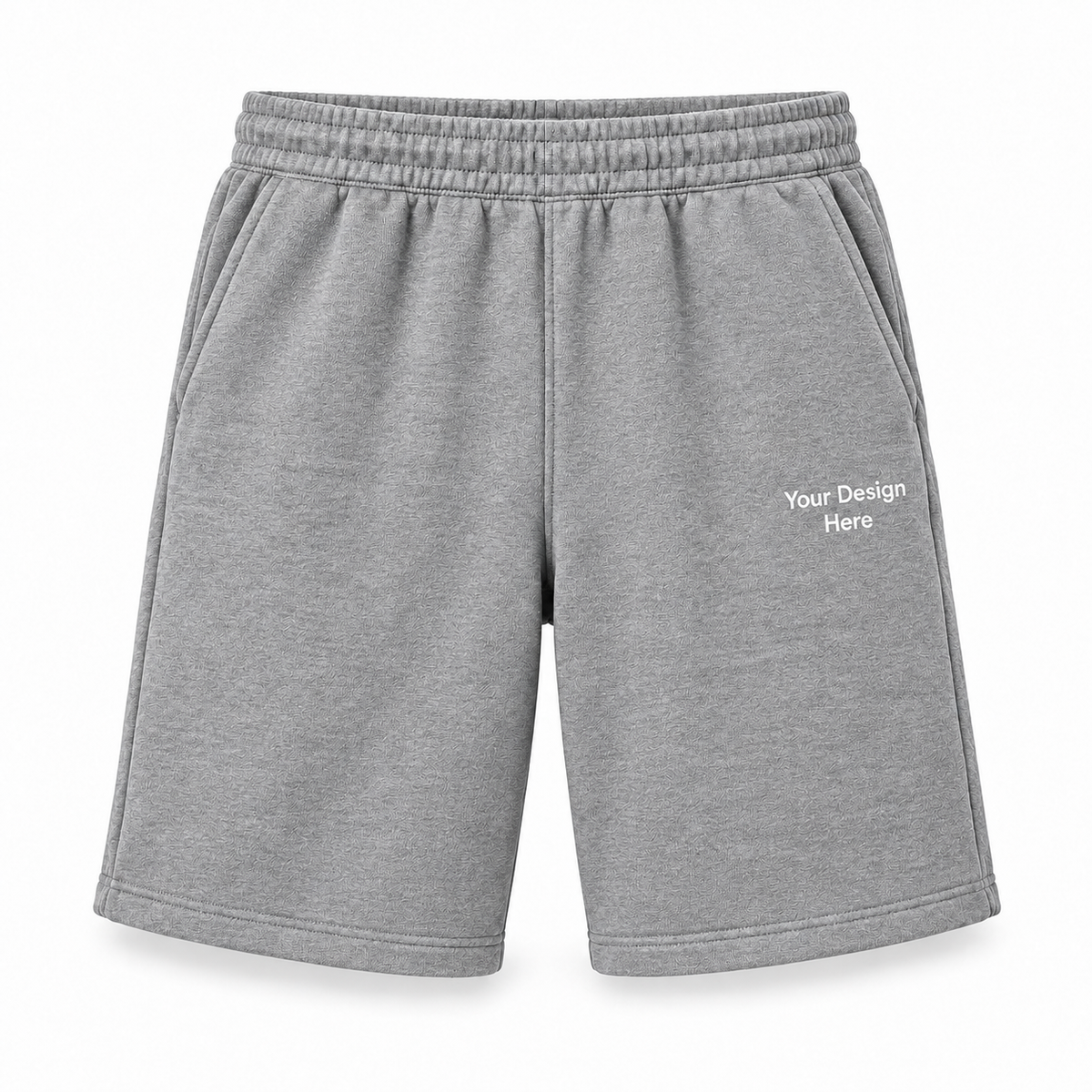 Custom athletic heather fleece shorts with Your Design Here on left thigh