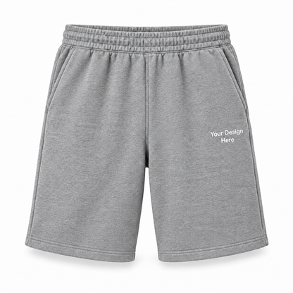 Custom athletic heather fleece shorts with Your Design Here on left thigh