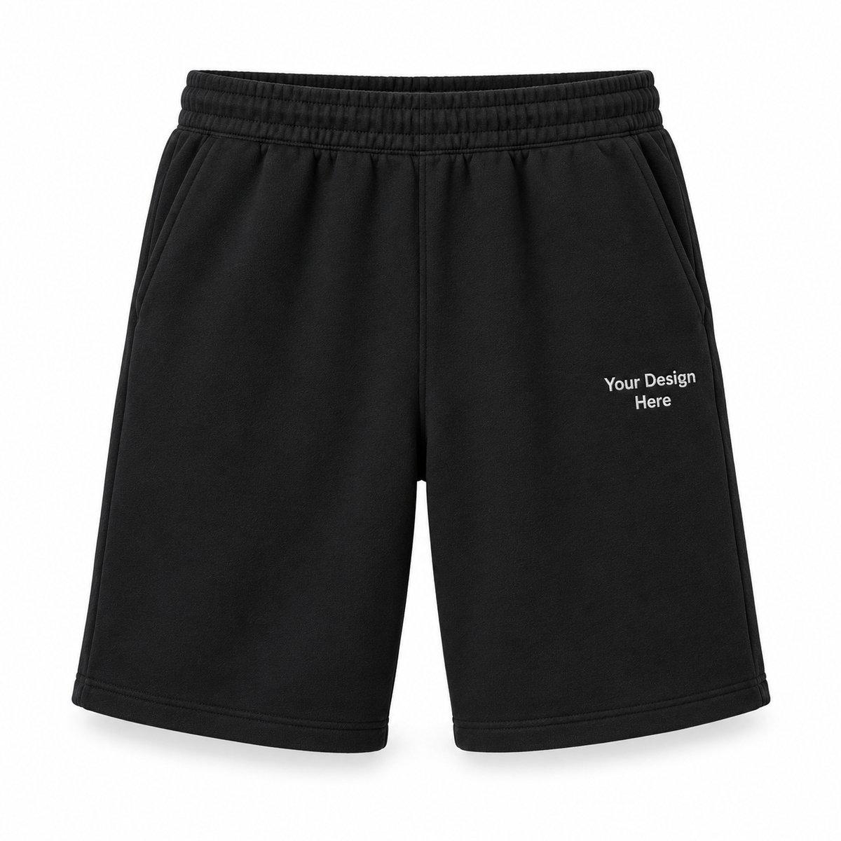 Custom black fleece shorts with Your Design Here on left thigh