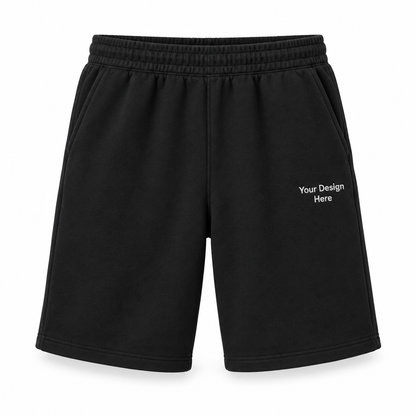 Custom black fleece shorts with Your Design Here on left thigh