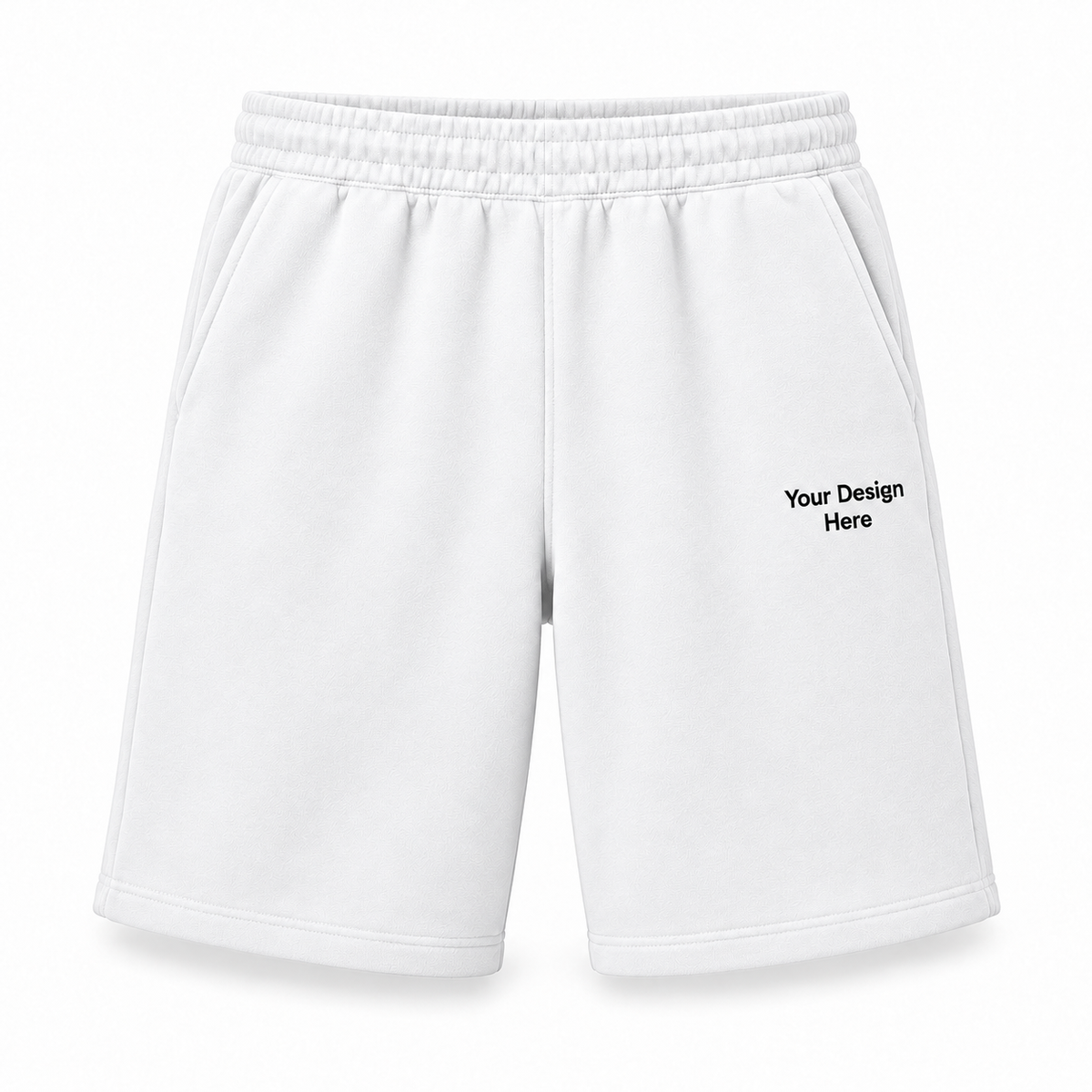 Custom white fleece shorts with Your Design Here on left thigh