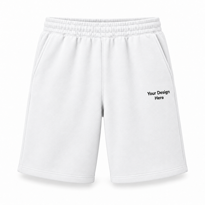 Custom white fleece shorts with Your Design Here on left thigh