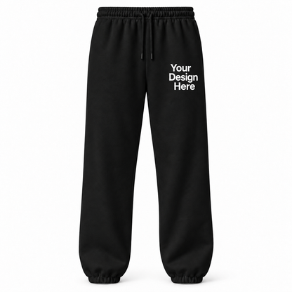 Custom unisex fleece sweatpants in Black with left thigh decoration