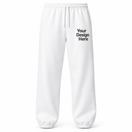 Custom unisex fleece sweatpants in White with left thigh decoration
