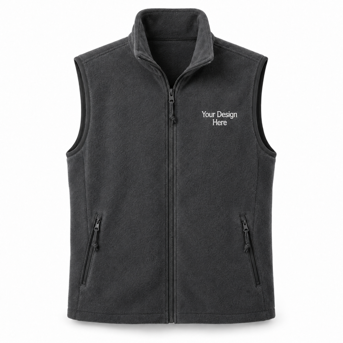 Iron Grey custom fleece vest with white front left-chest embroidery