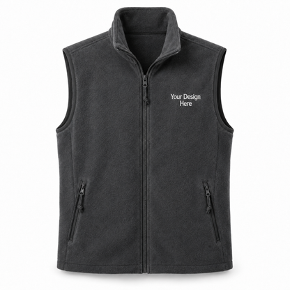 Iron Grey custom fleece vest with white front left-chest embroidery