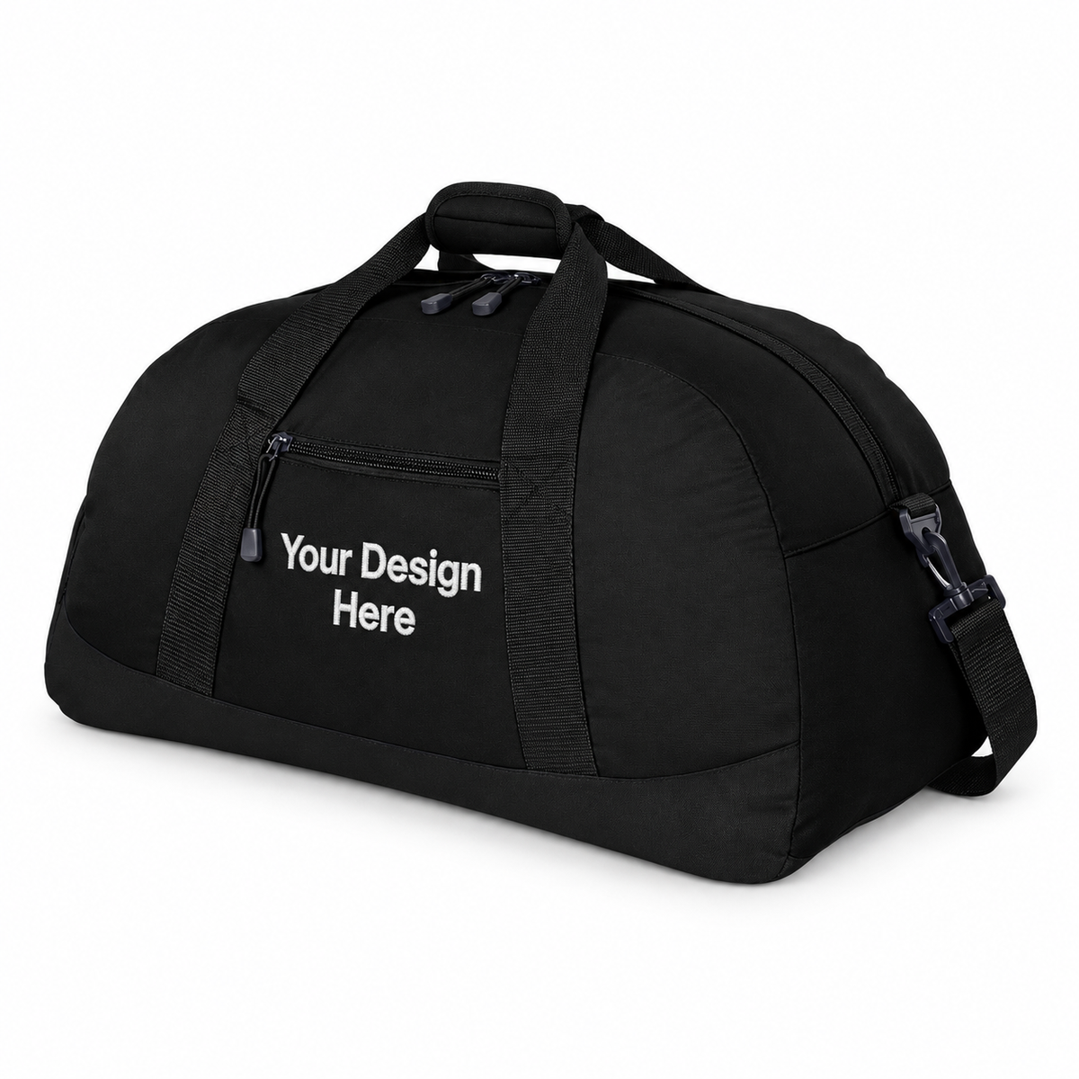 Custom large duffel bag in Black with Your Design Here centered below the front zipper