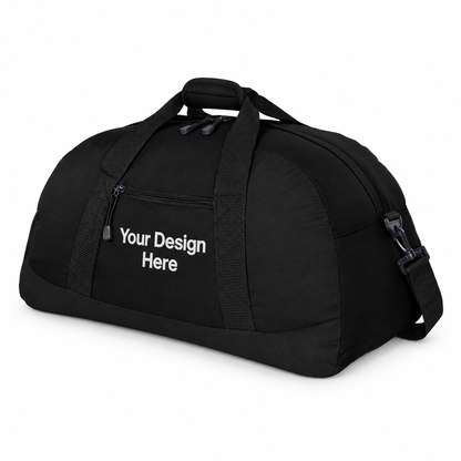 Custom large duffel bag in Black with Your Design Here centered below the front zipper