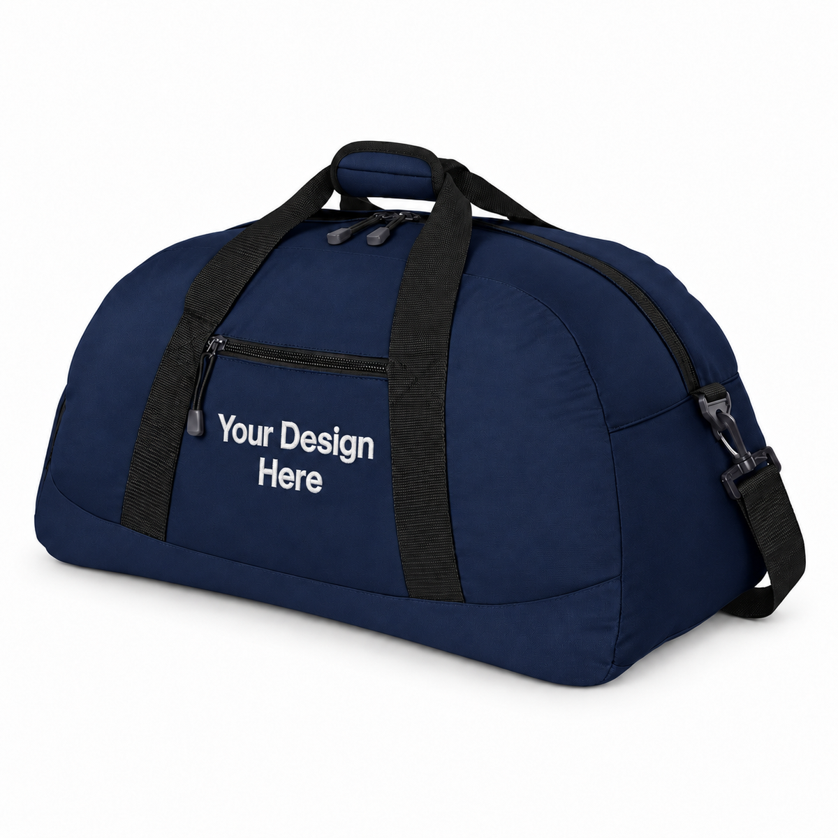 Custom large duffel bag in Navy with Your Design Here centered below the front zipper