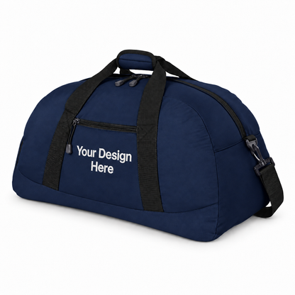 Custom large duffel bag in Navy with Your Design Here centered below the front zipper