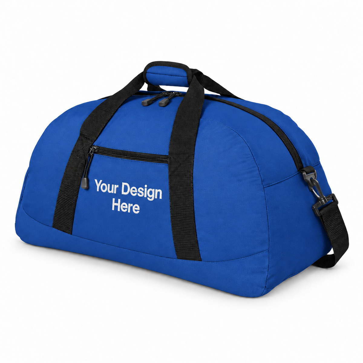 Custom large duffel bag in Royal with Your Design Here centered below the front zipper