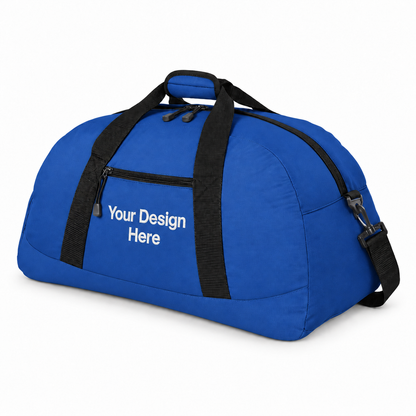 Custom large duffel bag in Royal with Your Design Here centered below the front zipper