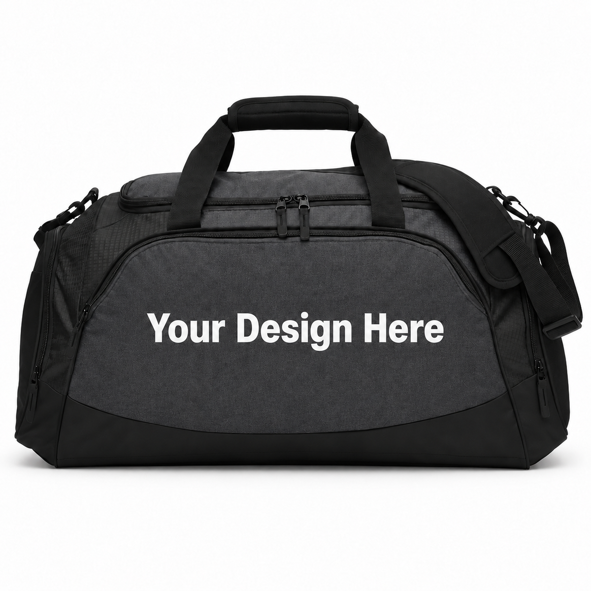 Custom medium active duffel bag in Dark Charcoal/Black with front decoration area