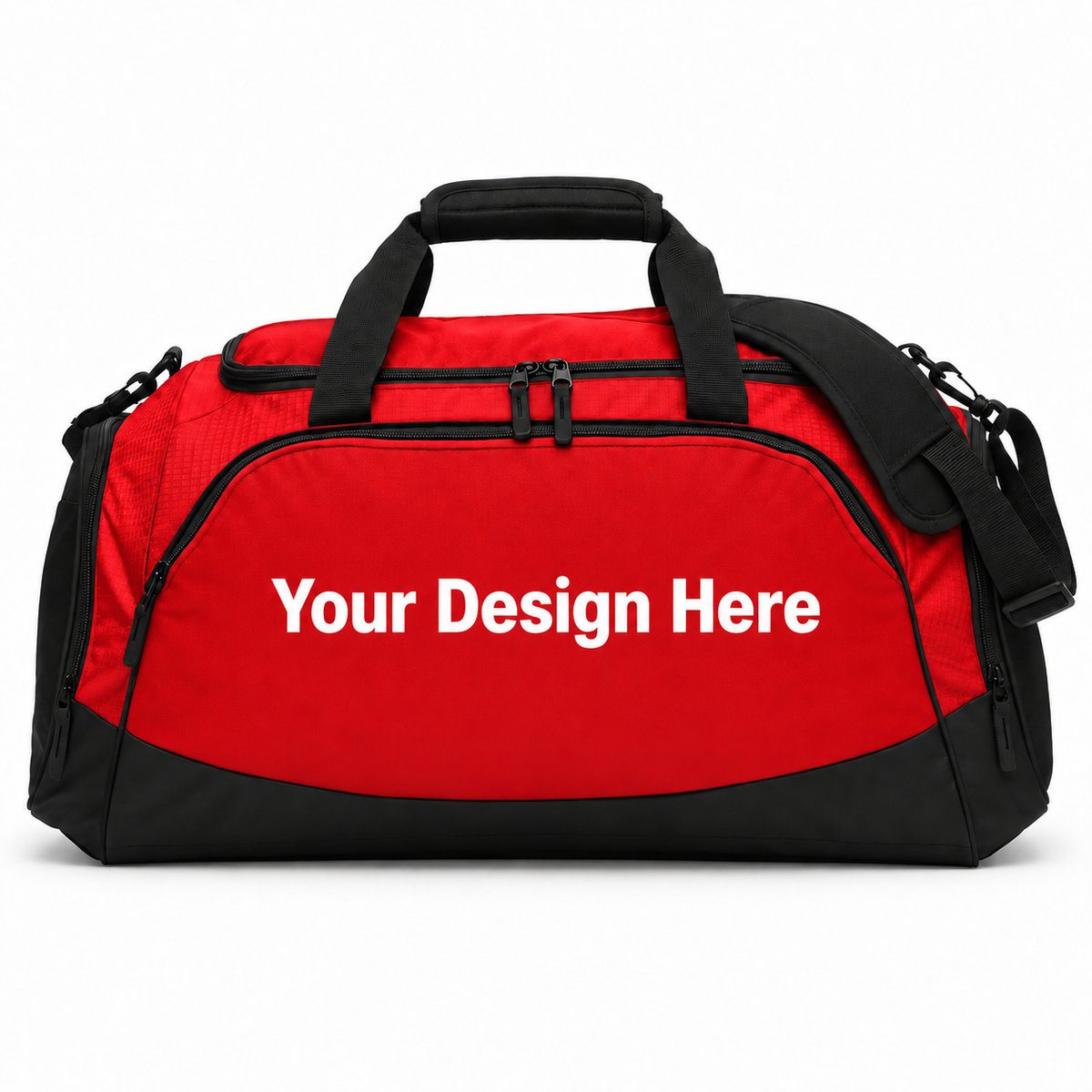 Custom medium active duffel bag in True Red/Black with front decoration area