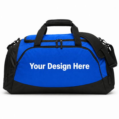 Custom medium active duffel bag in True Royal/Black with front decoration area