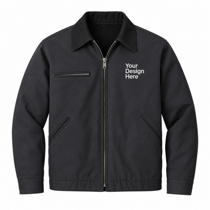 A black zip-up work jacket with a stand collar, zippered chest pocket, and two diagonal front hand pockets. The left chest features white placeholder text reading 'Your Design Here' indicating a customizable print area.

