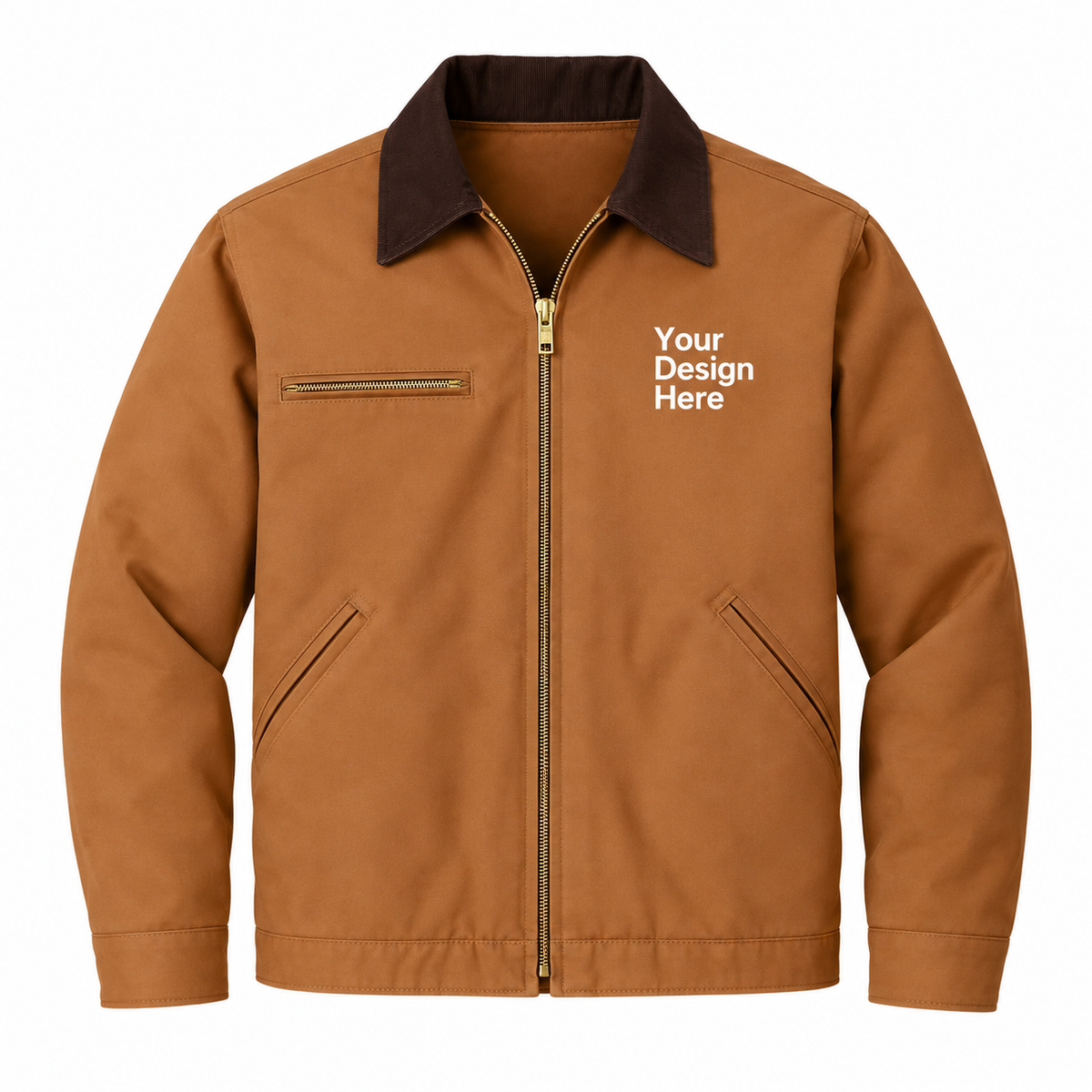 A brown work jacket with a dark brown collar, gold zipper, and white placeholder text on the left chest reading 'Your Design Here', shown on a plain white background.


