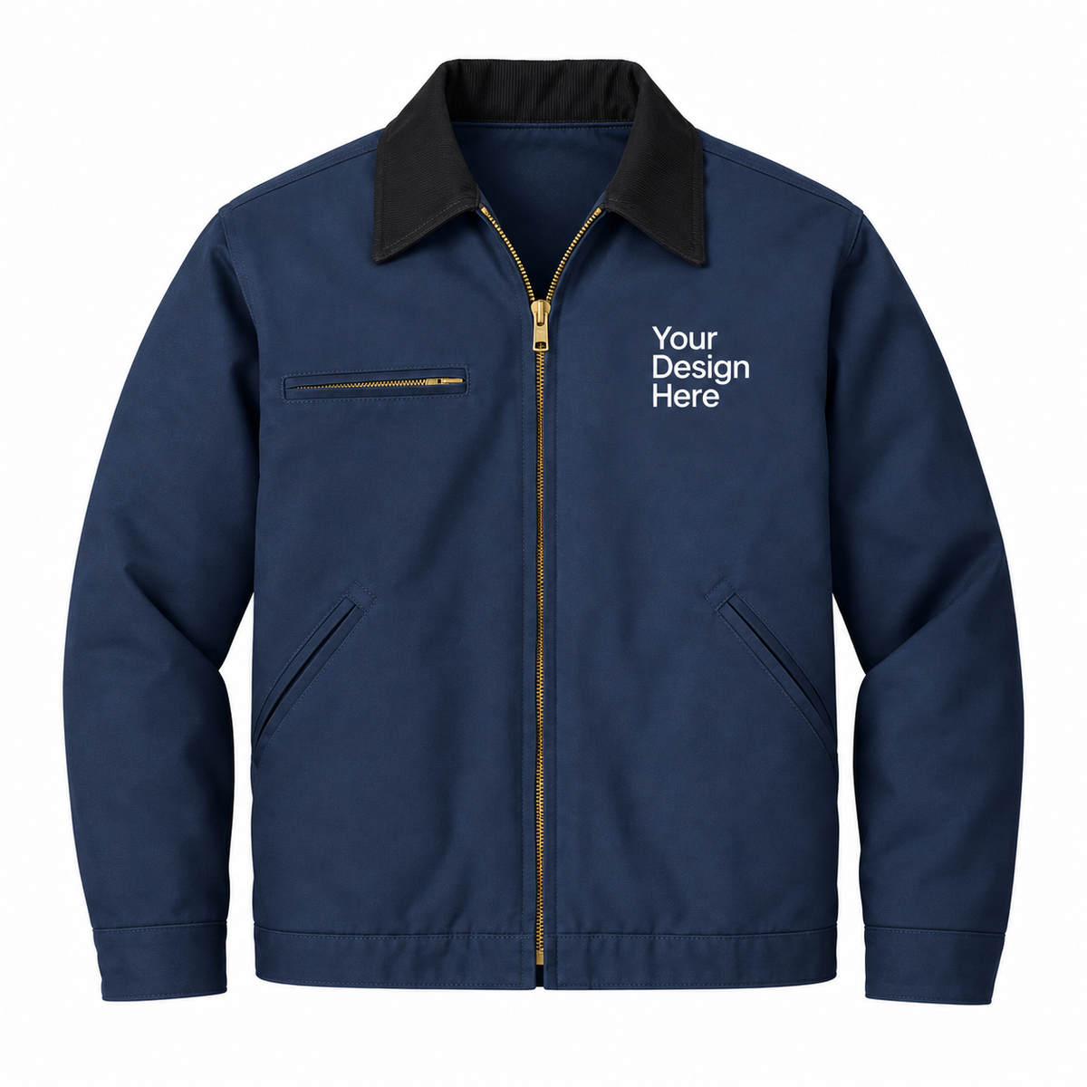 A navy blue zip-up work jacket with a black collar, gold zipper, and white placeholder text on the left chest reading 'Your Design Here'.

