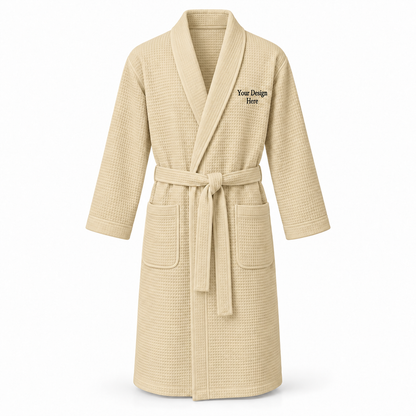 Custom men's lightweight waffle robe in Beige with left chest embroidery