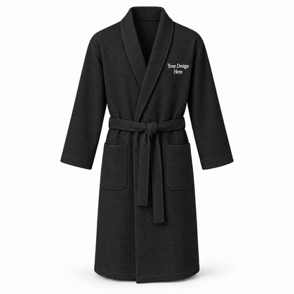 Custom men's lightweight waffle robe in Black with left chest embroidery