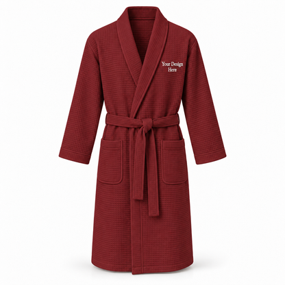 Custom men's lightweight waffle robe in Burgundy Red with left chest embroidery