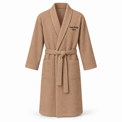 Custom men's lightweight waffle robe in Camel with left chest embroidery