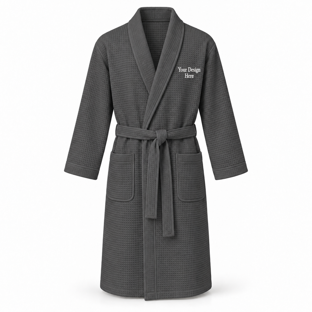 Custom men's lightweight waffle robe in Charcoal with left chest embroidery