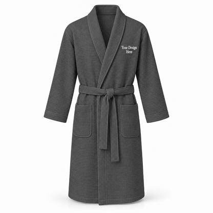 Custom men's lightweight waffle robe in Charcoal with left chest embroidery