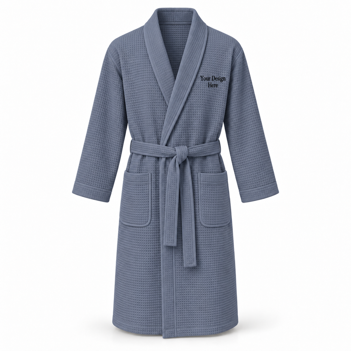 Custom men's lightweight waffle robe in Dust Blue with left chest embroidery