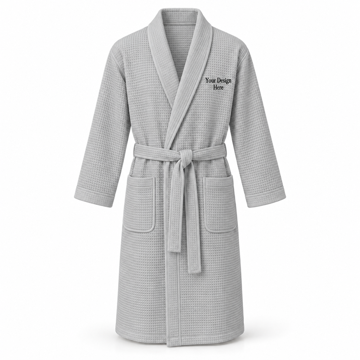 Custom men's lightweight waffle robe in Light Grey with left chest embroidery