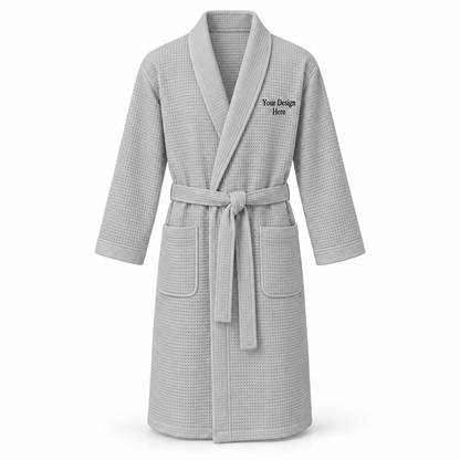 Custom men's lightweight waffle robe in Light Grey with left chest embroidery