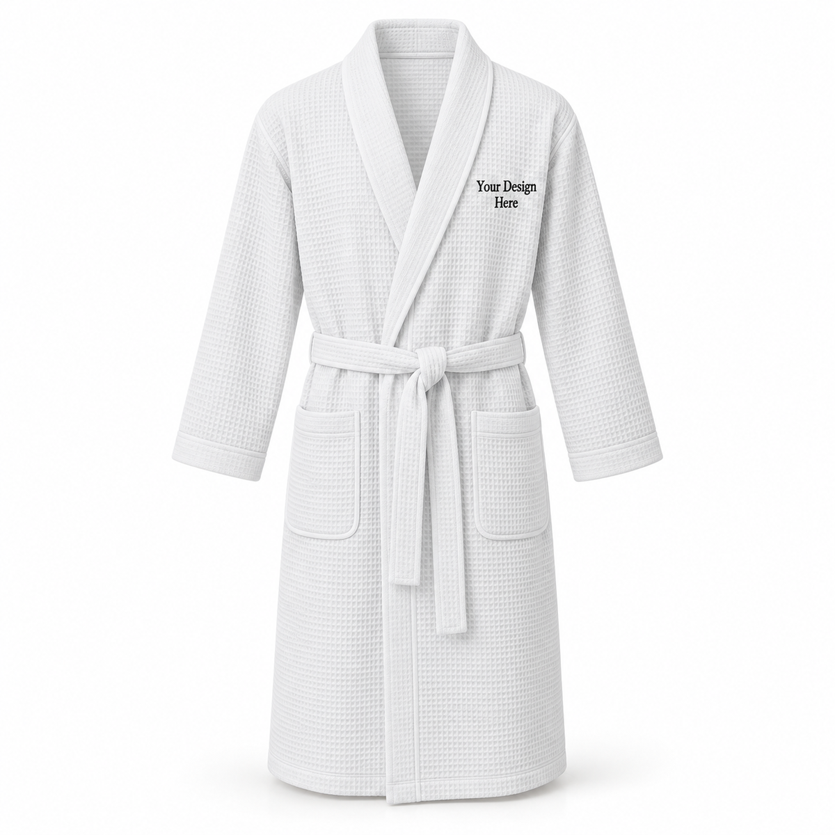 Custom men's lightweight waffle robe in White with left chest embroidery