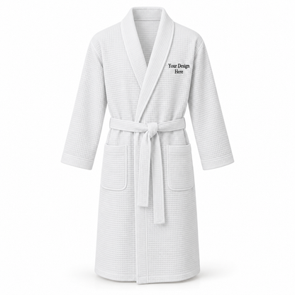 Custom men's lightweight waffle robe in White with left chest embroidery