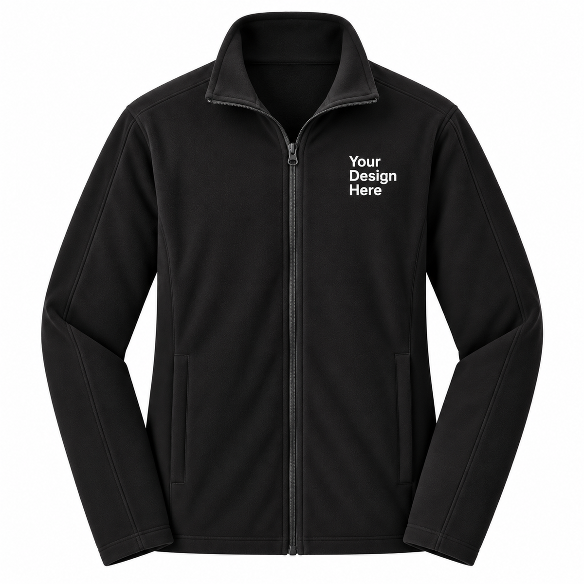 A black zip-up fleece jacket with a stand collar, shown on a plain white background. The left chest features white placeholder text reading 'Your Design Here', indicating a customizable product.

