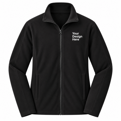 A black zip-up fleece jacket with a stand collar, shown on a plain white background. The left chest features white placeholder text reading 'Your Design Here', indicating a customizable product.

