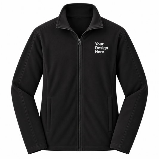 A black zip-up fleece jacket with a stand collar, shown on a plain white background. The left chest features white placeholder text reading 'Your Design Here', indicating a customizable product.

