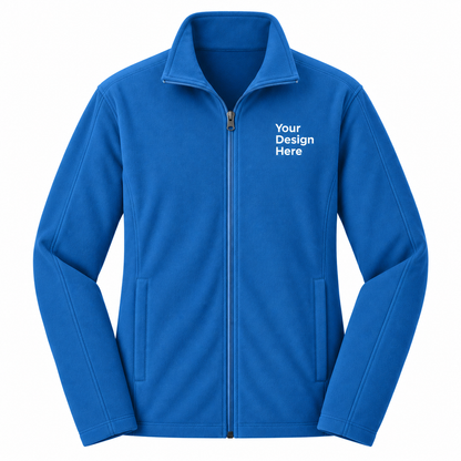 A royal blue zip-up fleece jacket with a stand collar, shown on a plain white background. The right chest area features white placeholder text reading 'Your Design Here' indicating a customizable print area.

