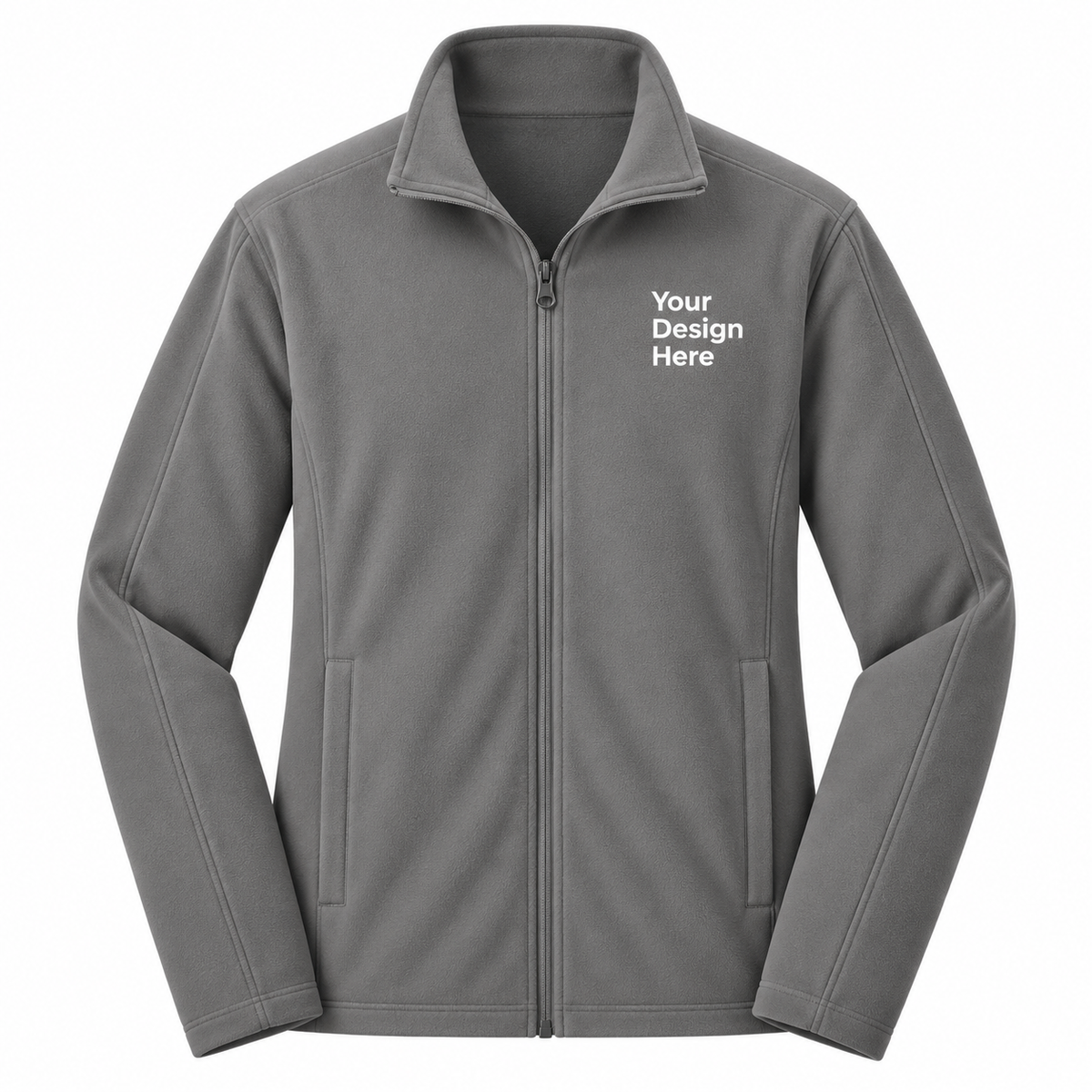 A gray zip-up fleece jacket with a stand collar, shown on a plain white background. The left chest features white placeholder text reading 'Your Design Here', indicating a customizable product.

