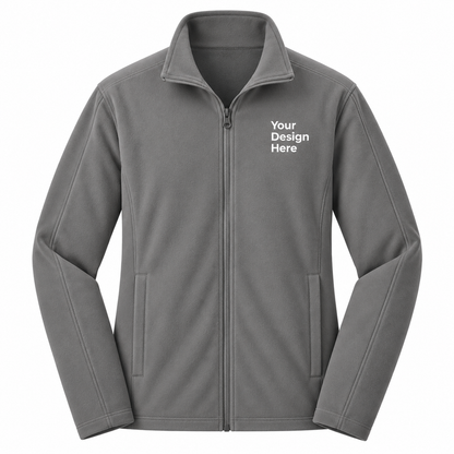 A gray zip-up fleece jacket with a stand collar, shown on a plain white background. The left chest features white placeholder text reading 'Your Design Here', indicating a customizable product.

