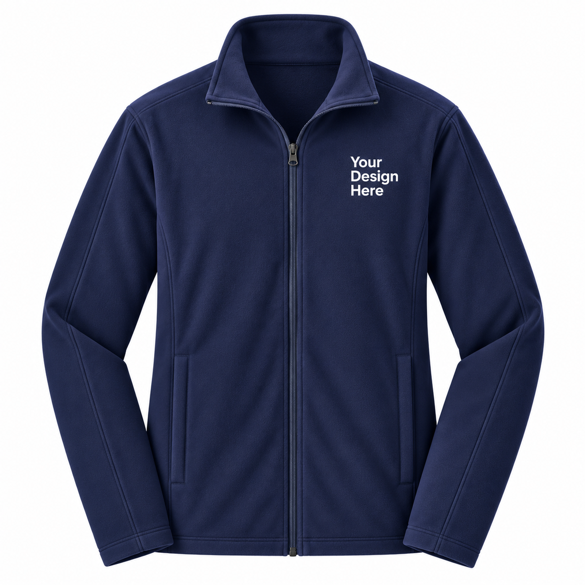 A navy blue zip-up fleece jacket with a mock neck collar, shown on a plain white background. The right chest area features white placeholder text that reads 'Your Design Here', indicating a customizable product.

