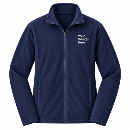 A navy blue zip-up fleece jacket with a mock neck collar, shown on a plain white background. The right chest area features white placeholder text that reads 'Your Design Here', indicating a customizable product.

