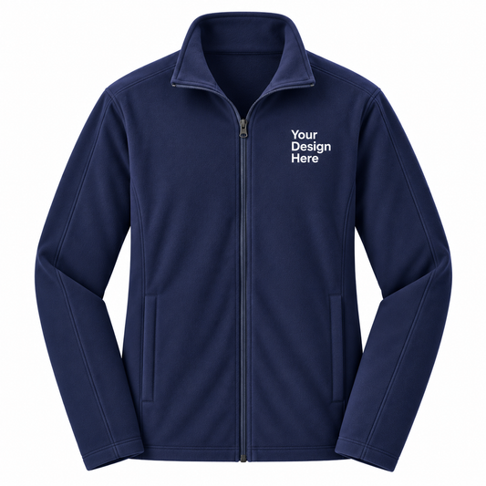 A navy blue zip-up fleece jacket with a mock neck collar, shown on a plain white background. The right chest area features white placeholder text that reads 'Your Design Here', indicating a customizable product.

